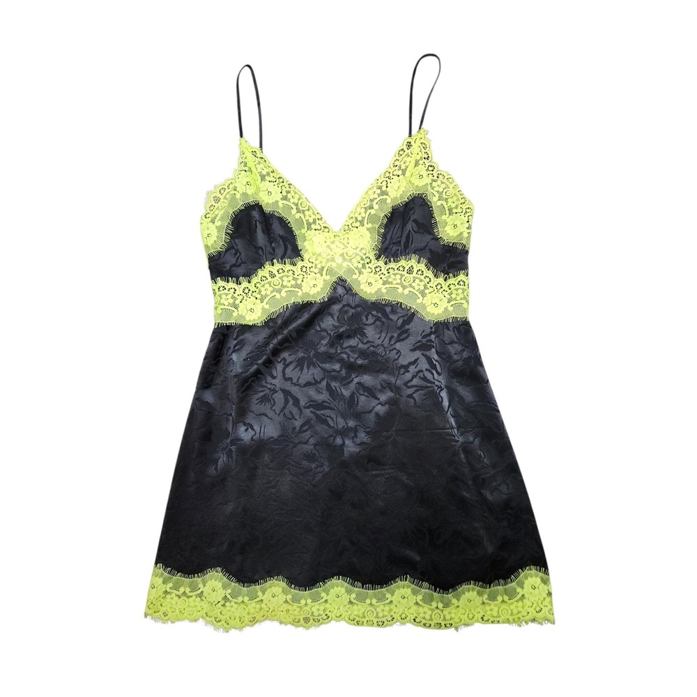 Alice+Olivia Zaira Lace Trim Slip Mini Dress Black Neon Brat Green Whimsigoth 6